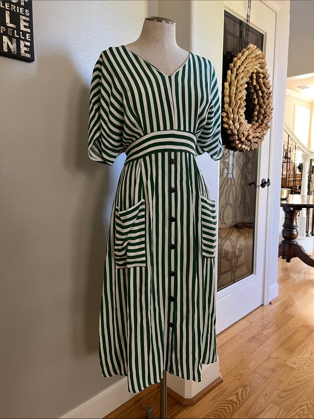 Green and White Striped V-Neck Midi Dress